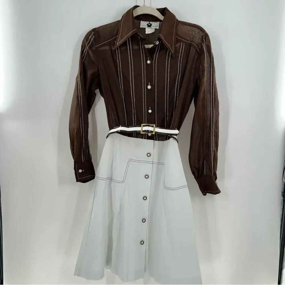 Kenny Classics 60s Sheer Brown Blouse w/Solid White Skirt Accent Stitching-Sz 8